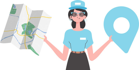 Fototapeta premium The girl is holding a map. The trendy character is depicted to the waist. Isolated. Vector.