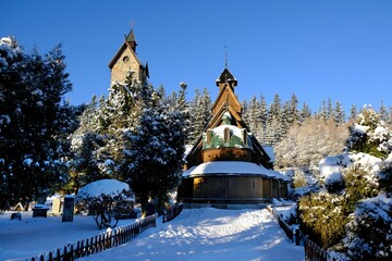 Old wooden stave church Vang (Wang) in winter. It was transferred from Norway and re-erected in 1842 in Karpacz, Poland