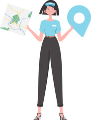 Girl water delivery operator holding a map. The character is depicted in full growth. Isolated. Vector.
