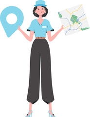 Girl water delivery operator holding a map. The trendy character is depicted in full growth. Isolated on white background. Vector.