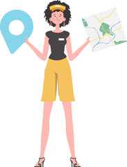 Girl water delivery operator holding a map. The trendy character is depicted in full growth. Isolated. Vector illustration.