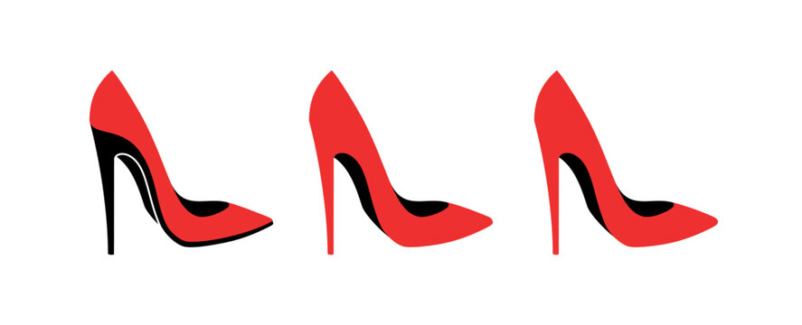 Set of icons red women's shoes with high heels. Female symbol shoes with a heel. Isolated vector illustration on a white background.