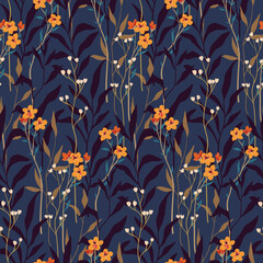 Seamless pattern with vintage botanical composition on a blue background. Elegant floral print with drawing wild flowers on thin branches, herbs, leaves. Surface design with autumn motifs. Vector.