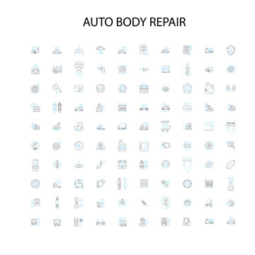 Auto Body Repair Icons, Signs, Outline Symbols, Concept Linear Illustration Line Collection