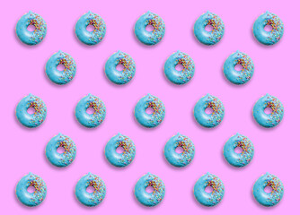 Collage and background of donuts covered with colorful sprinkles on a pink background.