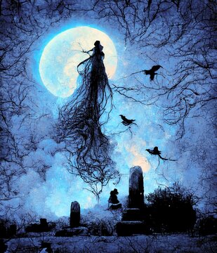 Gespenstischer Friedhof in der Nacht mit hellem Mond, in dem ein filigranes Gespenst mit langem Kleid zu sehen ist