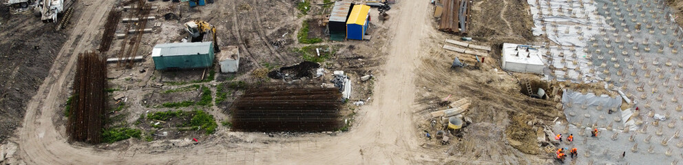 aerial panoramic view of city construction site.