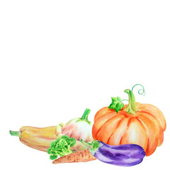 Vegetable frame, watercolor pumpkin, zucchini, eggplant, carrot, broccoli