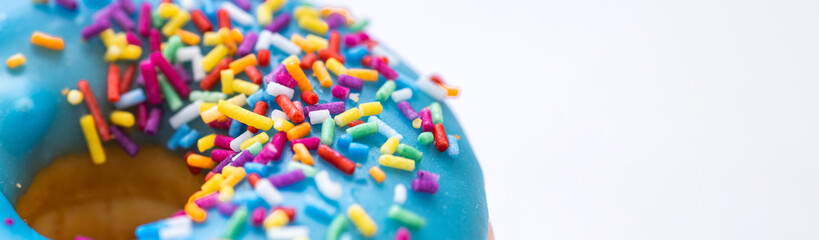Macro shot of colorful sprinkles on a donut. Background banner. Free space.