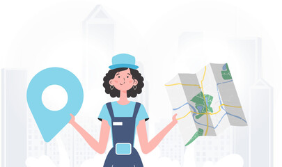 The girl is holding a map. The stylish character is depicted to the waist. Vector.