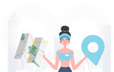 The girl is holding a map. Cartoon style character is depicted to the waist. Vector illustration.