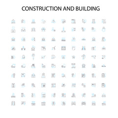 construction and building icons, signs, outline symbols, concept linear illustration line collection