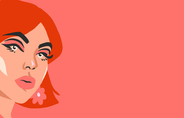 Hand drawn vector abstract stock flat graphic illustration print with retro vintage groovy hippie 60s,70s boho modern female portrait with daisy flowers in her hair isolated on color backhround.