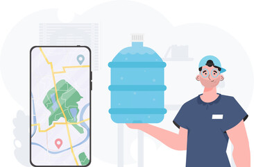 A man is holding a bottle of water. Delivery concept. Cartoon style character is depicted to the waist. Vector illustration.
