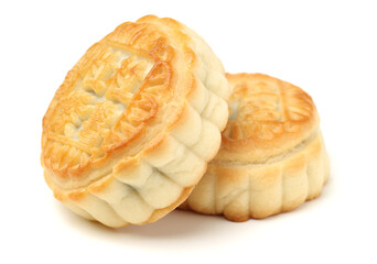 Mid-Autumn Festival moon cake on white background（Non-English texts translation :Five kernels, purple potato, chestnut）