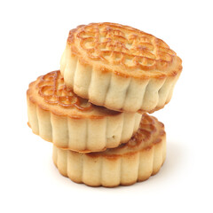 Mid-Autumn Festival moon cake on white background（Non-English texts translation :Five kernels, purple potato, chestnut）