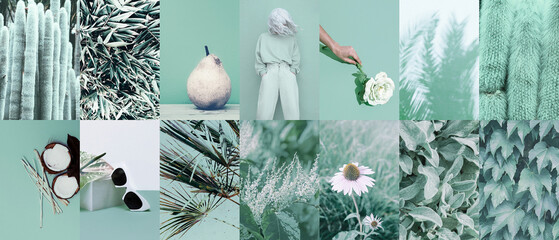 Set of trendy aesthetic photo collages. Minimalistic images of one top color.  Fashion fresh aqua menthe moodboard