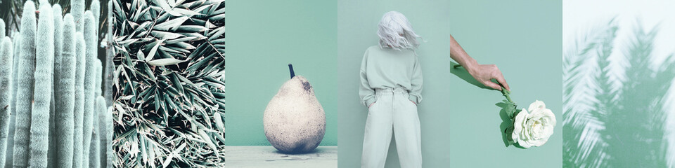 Set of trendy aesthetic photo collages. Minimalistic images of one top color.  Fashion fresh aqua...