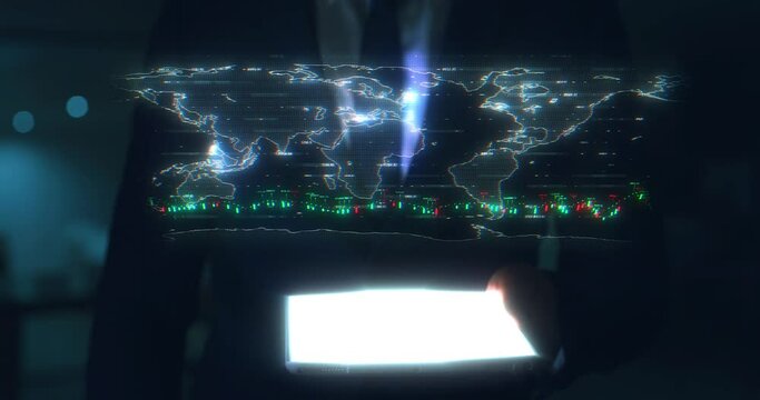 Ux, ui and digital with a 3d world map on a tablet in the hands of a business man in an office at work. Global, graphic or ai for tracking, data and innovation with a futuristic matrix of information