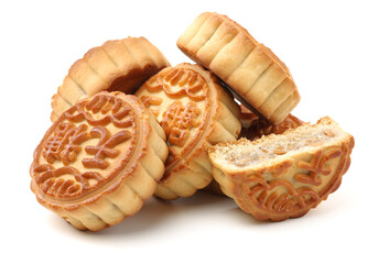 Mid-Autumn Festival moon cake on white background（Non-English texts translation :sugar free）