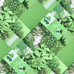 Set of trendy aesthetic photo collages. Minimalistic images of one top color.  Bio Green eco moodboard
