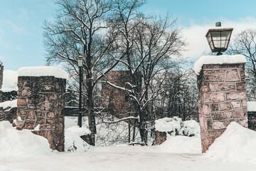 Cesis in winter time. Path next to Cesis castle.