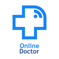 Telemedicina. Logo de médico en línea. Atención médica remota. Silueta de cruz medicina con olas aislada