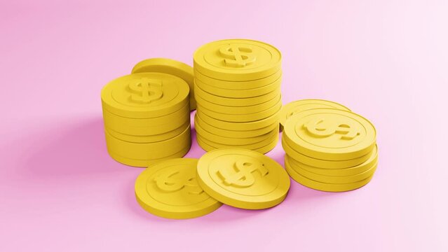 3D illustration gold coins stack isolated on a pink background,copy space 3D randering for coin