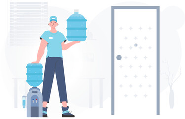 Obraz premium A man is holding a bottle of water. Delivery concept. Cartoon style character depicted in full growth. Vector.
