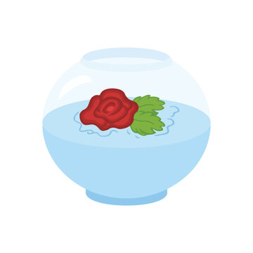 Rose with leaves in fish bowl, vector illustration isolated on white background