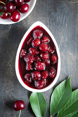 cherry jam and fresh cherries in a bowl, homemade preserves