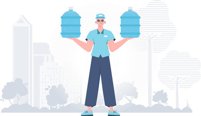 A man is holding a bottle of water. Delivery concept. The trendy character is depicted in full growth. Vector.