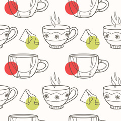 vector seamless pattern on the fun cups for tea and coffee