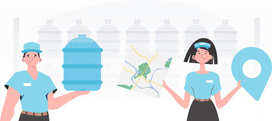 A group of people delivering water. Modern style. Vector.