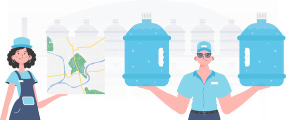 Water Delivery Team. Modern style. Vector illustration.