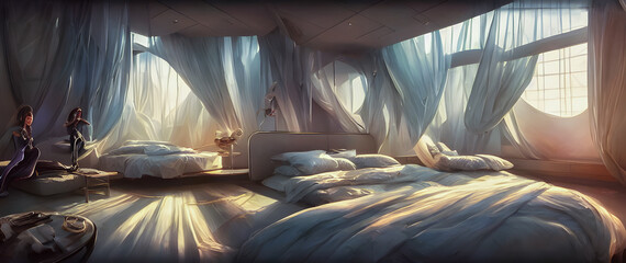 Artistic concept painting of a beautiful bed room interior, background illustration.