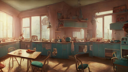 Fototapeta na wymiar Artistic concept painting of a beautiful kitchen interior, background illustration.