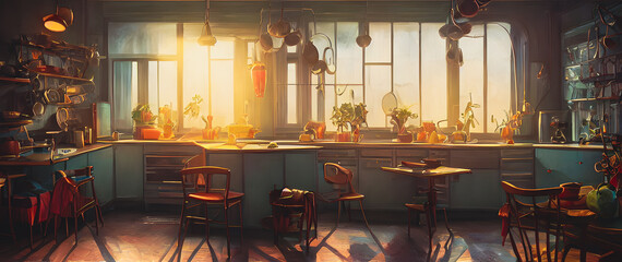 Fototapeta na wymiar Artistic concept painting of a beautiful kitchen interior, background illustration.