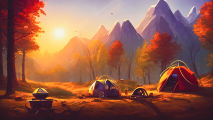 Fototapeta na wymiar Artistic concept painting of a beautiful camping outdoor, background illustration.
