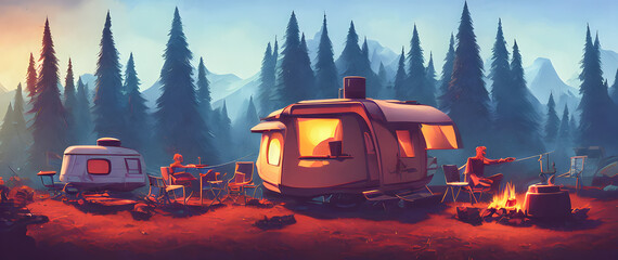 Artistic concept painting of a beautiful camping outdoor, background illustration. - obrazy, fototapety, plakaty