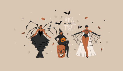 Hand drawn abstract vector graphic clipart illustrations,Halloween holiday costume party adult people characters collection set.Creepy Halloween design poster concept.Happy Halloween contemporary art.