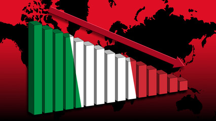Italian economy down, the crisis has arrived, the flag of the country on a chart that is going down. In the background the world map