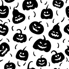 Seamless pattern of pumpkins with jack-o-lantern emotions on a white background. Halloween pattern. Black and white colors, vector illustration.