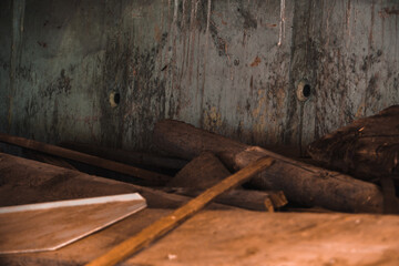 Old material location with concrete wall and old timber 