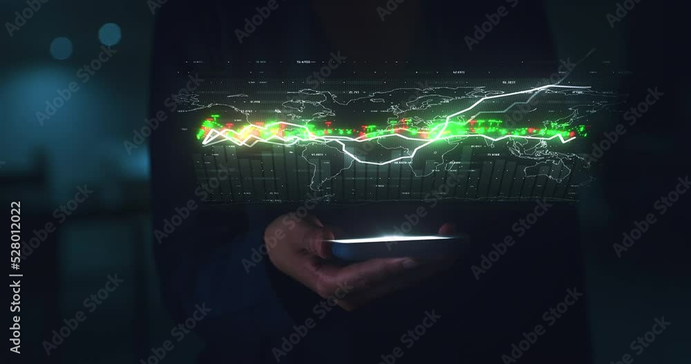 Aufkleber hands, stock market and futuristic phone with digital screen for 3d finance analytics design. fintec