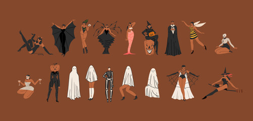 Hand drawn abstract vector graphic clipart illustrations,Halloween holiday costume party adult people characters collection set.Creepy Halloween design poster concept.Happy Halloween contemporary art.