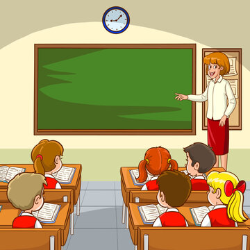 In the classroom with children. Teacher or professor teaches students in first grade elementary school or preschool toddlers. student learn lessons indoor cartoon vector illustration