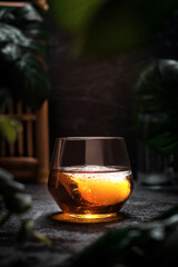 Glass of whiskey and ice in a dark tropical hot place.