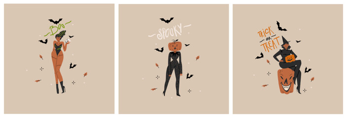 Hand drawn abstract vector graphic clipart illustrations,Halloween holiday costume party adult people characters collection set.Creepy Halloween design poster concept.Happy Halloween contemporary art.