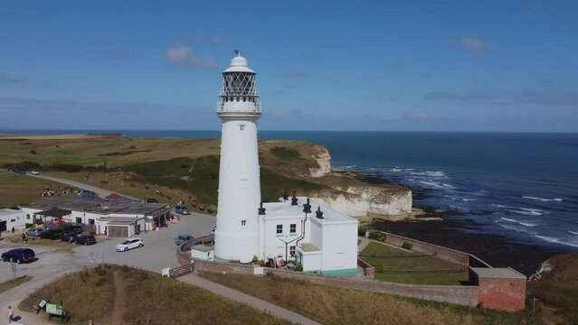 Drone shot. . Flamborough head lighthouse. East Coast of Yorkshire. Filmed Bridlington. UK. 03.09.2022